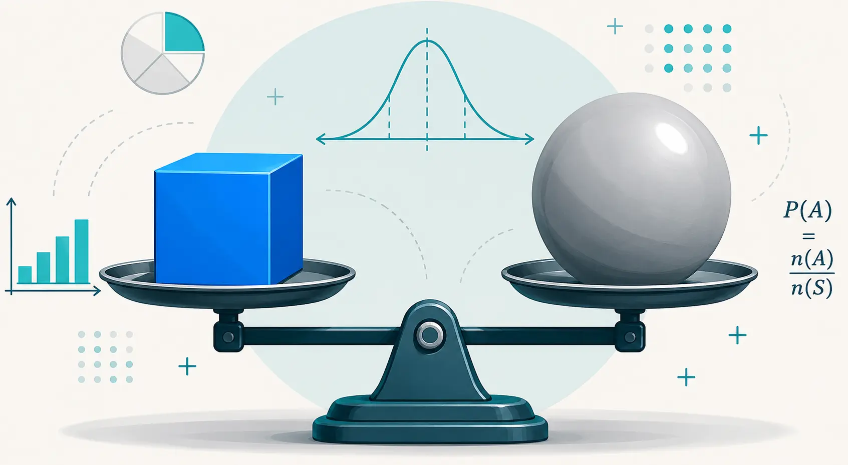 A modern flat-design illustration of a balanced mechanical scale with a small blue cube on one side and a large grey sphere on the other, symbolizing probability and balance on an off-white background.