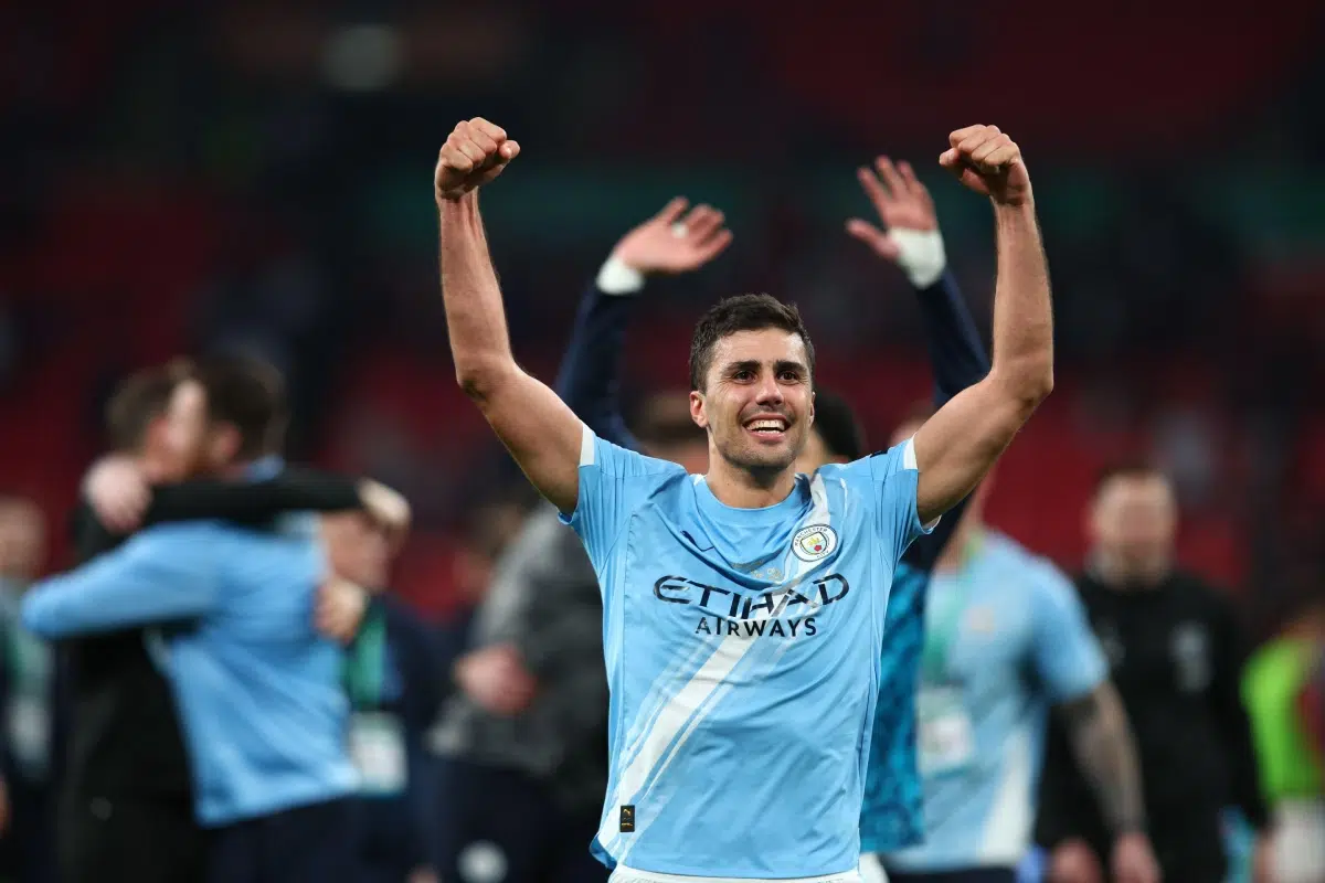 Rodri celebrates after the Carabao Cup Final match, 2026