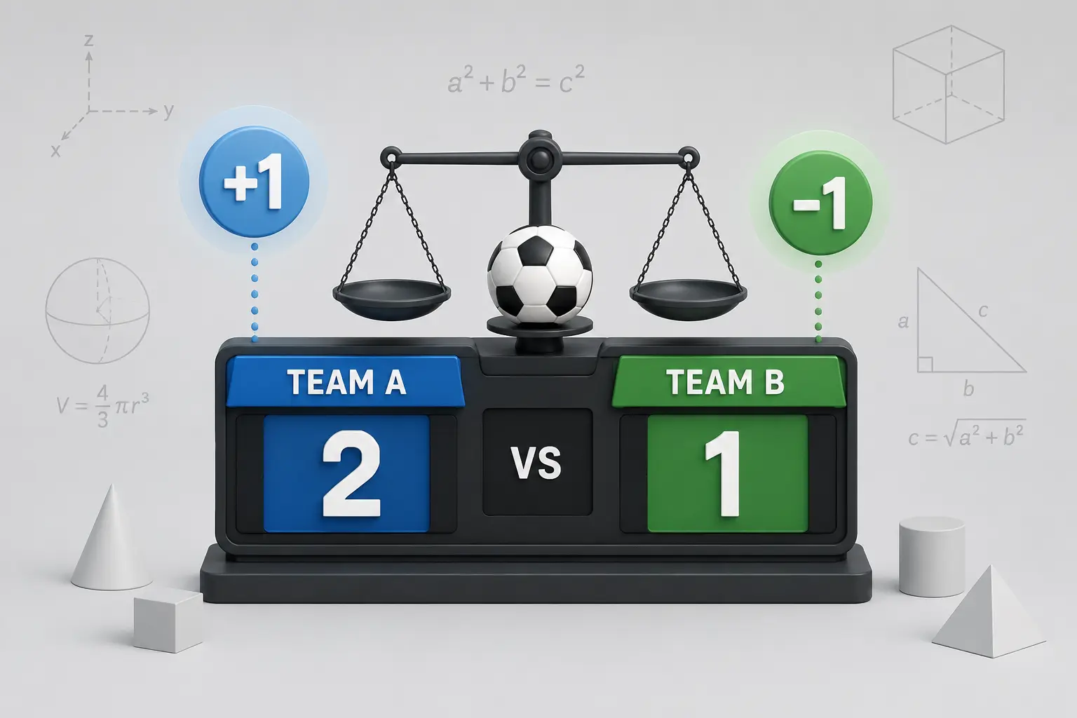 3D isometric illustration of a soccer scoreboard with Team A (+1) and Team B (-1), featuring a balance scale holding a soccer ball in a neutral academic setting.