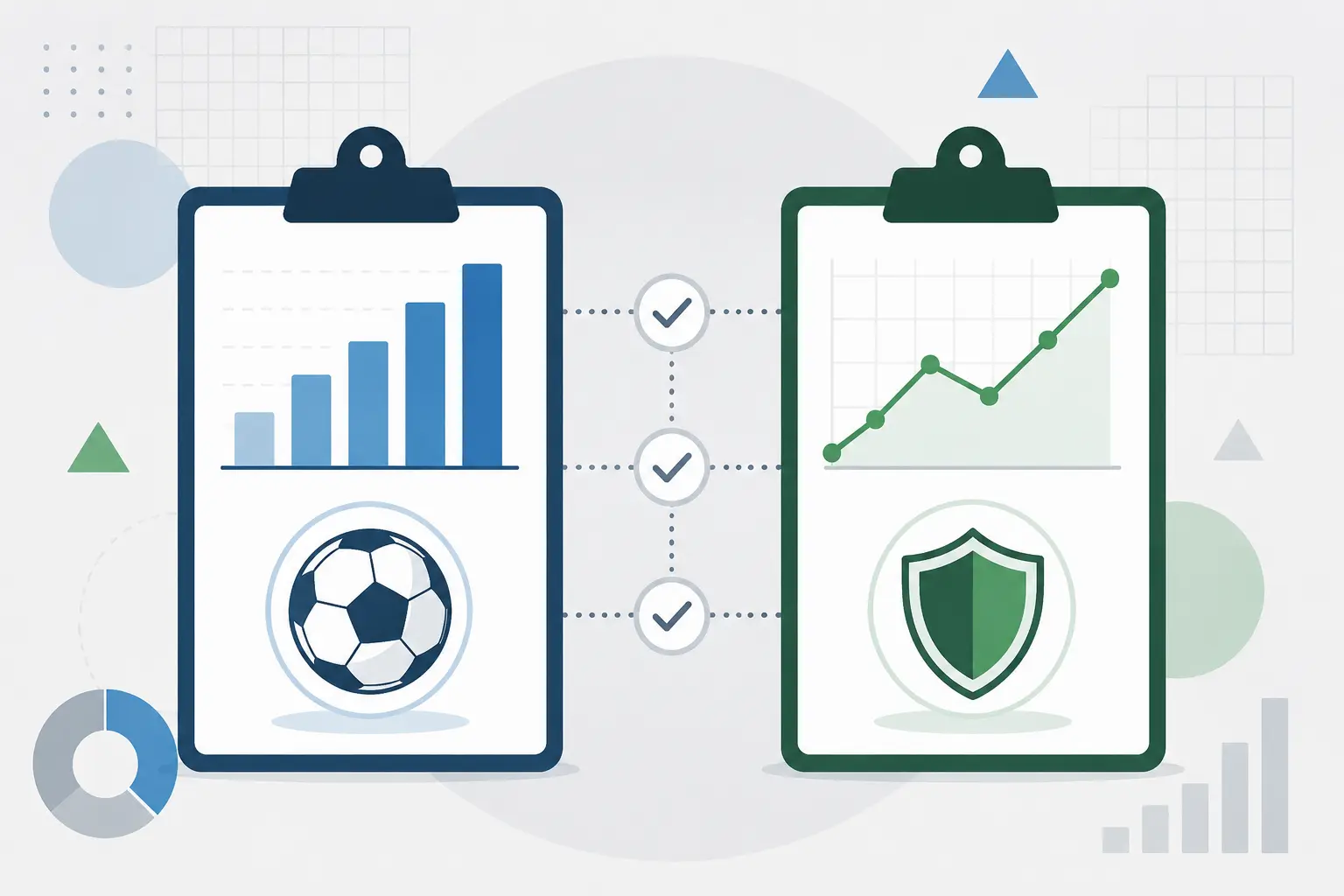 Flat vector illustration showing two side-by-side clipboards with charts, a football icon, and a shield icon, representing sports data analysis and comparison.