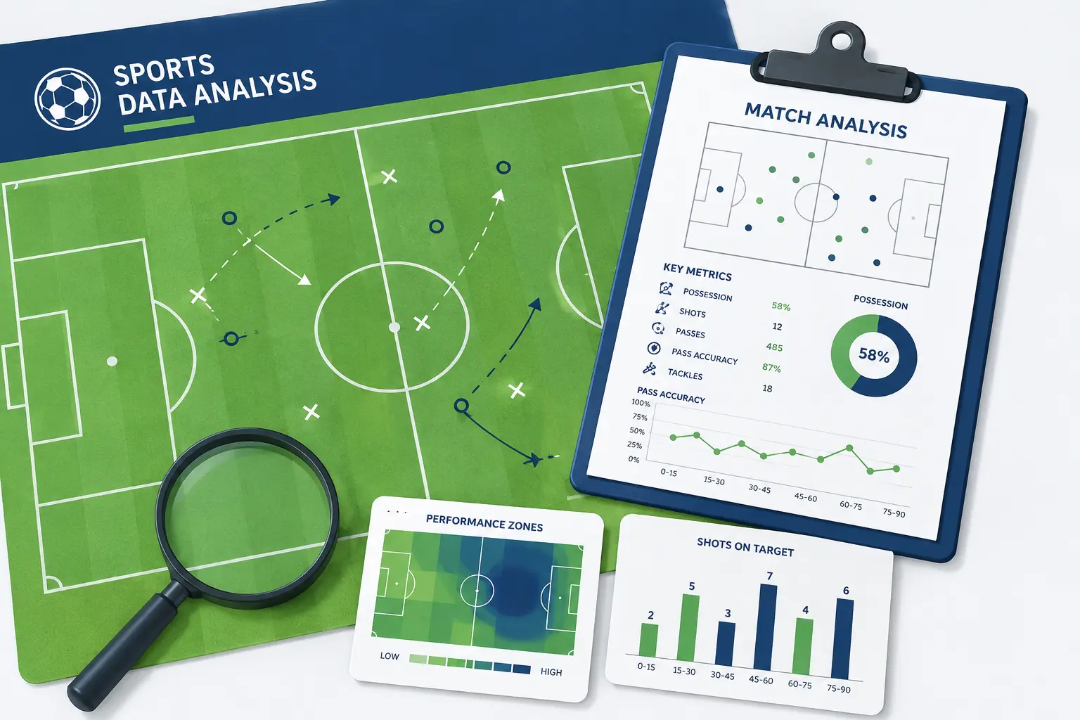 Modern flat-style vector illustration of sports data analysis featuring a green football pitch, tactical diagrams, a clipboard with analytics charts, a magnifying glass, and performance statistics in a clean academic infographic design.