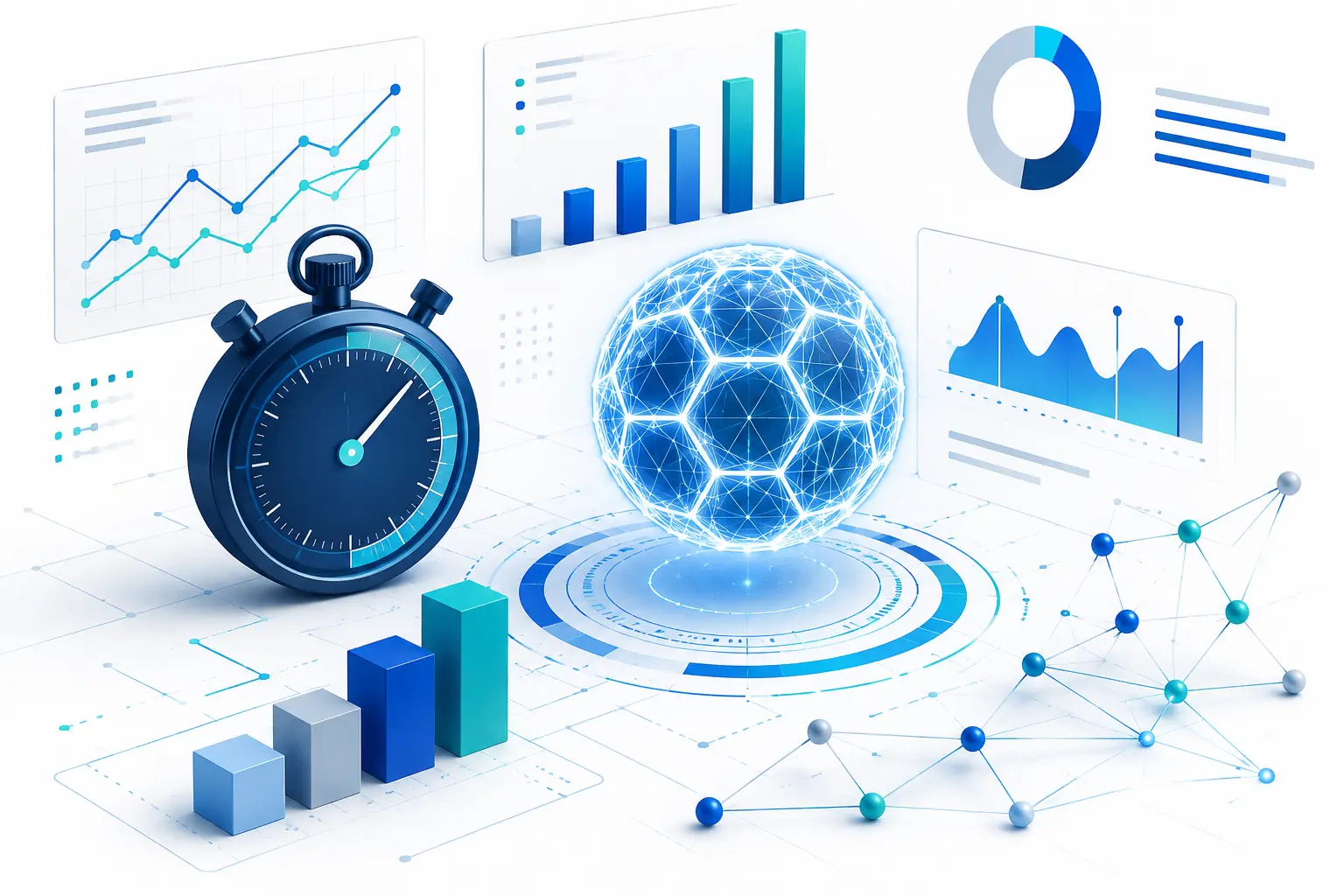 Flat-design illustration of sports analytics technology featuring abstract 3D charts, a digital stopwatch, and a geometric glowing soccer ball connected to data nodes on a white background.