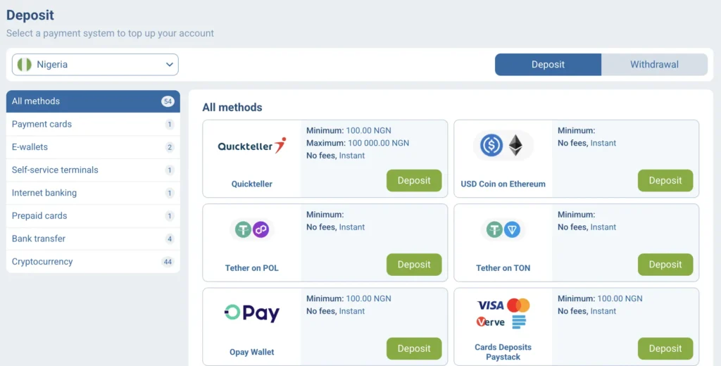 1xBet Deposit Methods