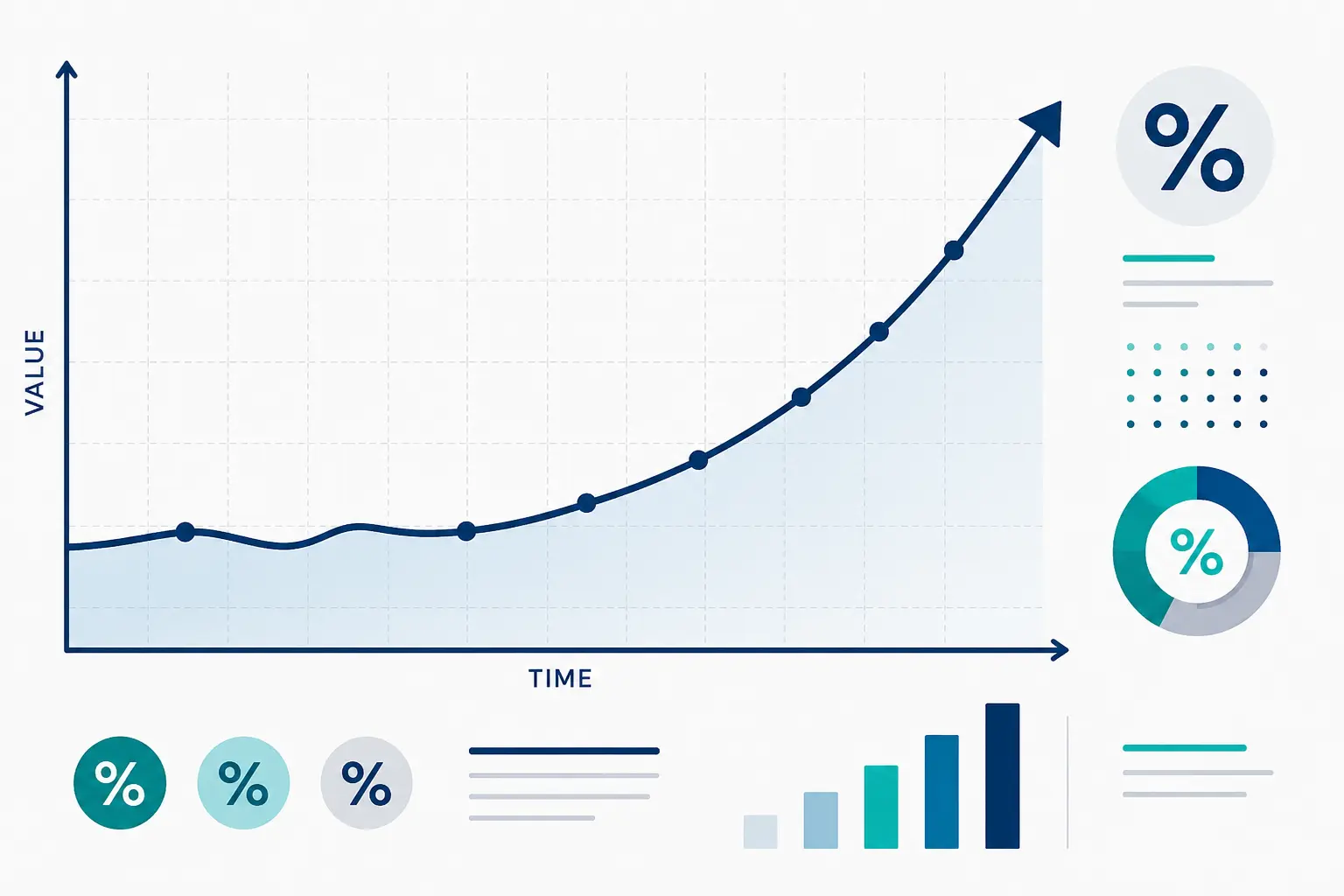 Abstract educational vector illustration featuring a financial-style line graph on a grid background with an upward-curving trend line, minimalist percentage symbols, and geometric bar charts in navy blue, teal, and light gray tones.