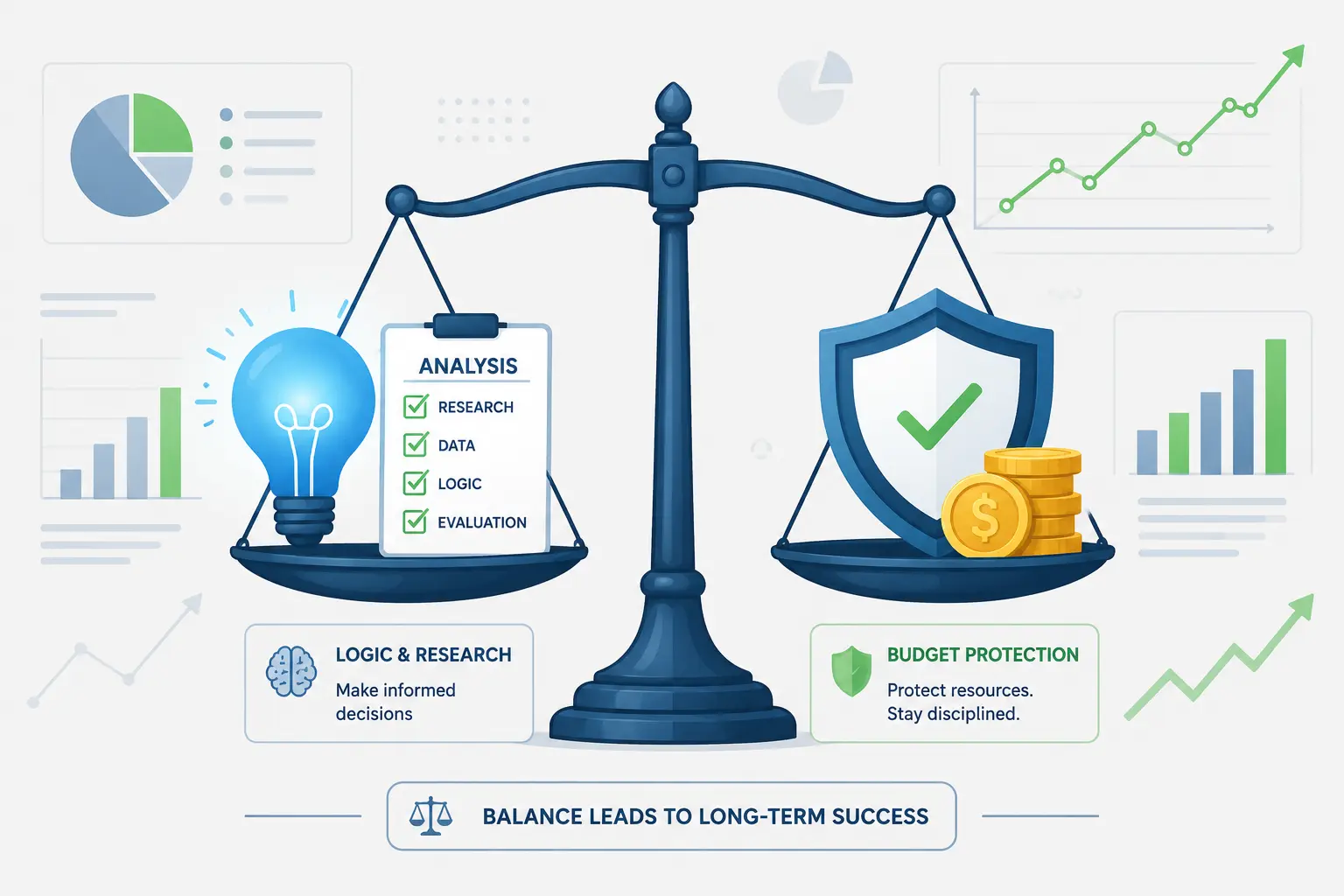 A clean vector illustration showing a balanced scale with a glowing lightbulb and checklist on one side, and a shield protecting coins on the other. Subtle data charts and upward-trending lines in the background represent analysis, research, and budget protection.