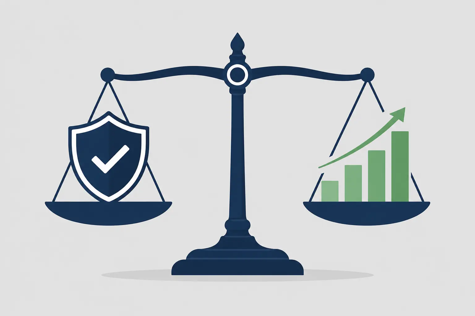 Minimalist flat illustration of a balancing scale with a shield icon on one side and an upward-trending bar chart on the other, symbolizing the balance between risk protection and secured profit.