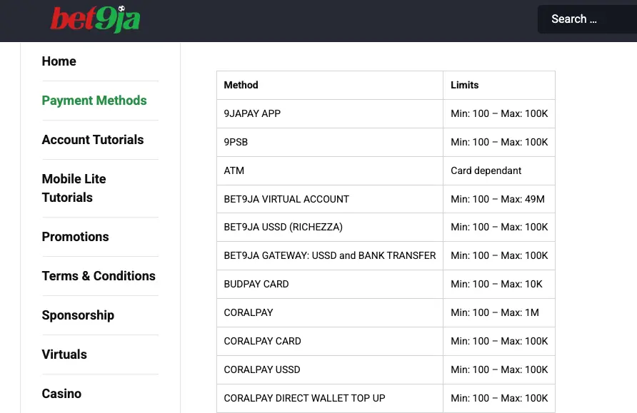Bet9ja Deposit Methods