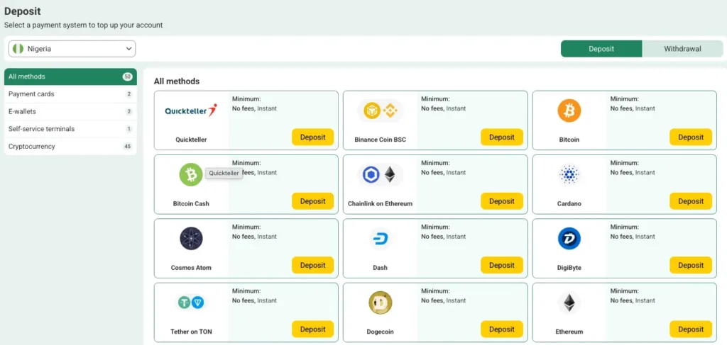 BetWinner Deposit Methods