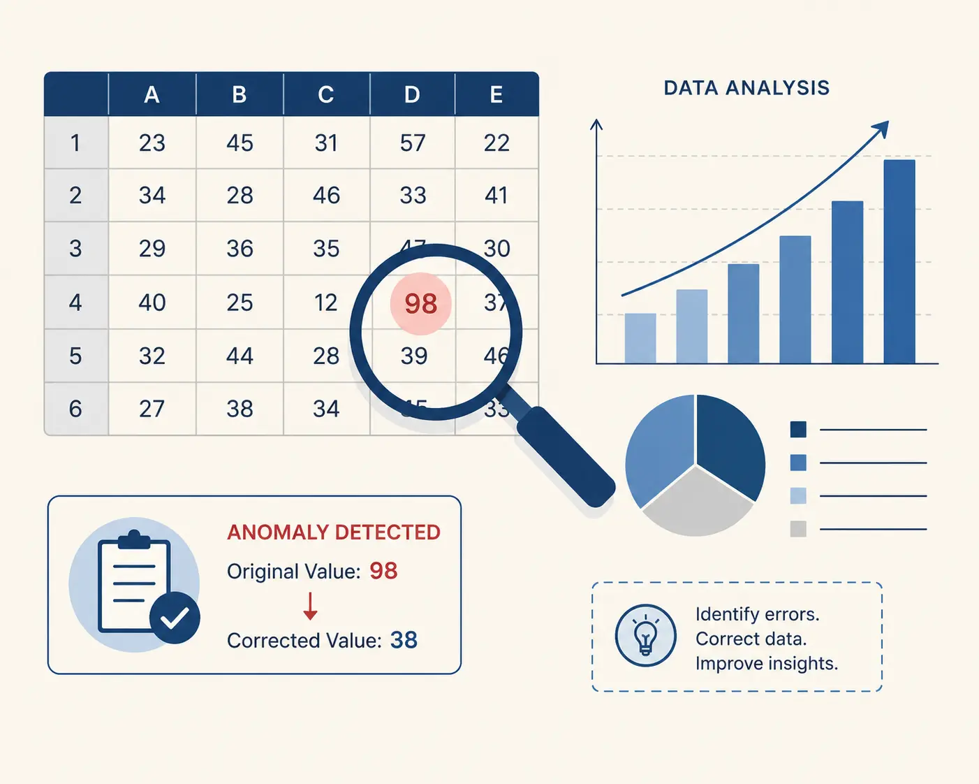 Flat-design vector illustration showing a magnifying glass examining a grid of numerical data and upward-trending bar charts, with one anomalous data point highlighted in red to represent error detection and correction.
