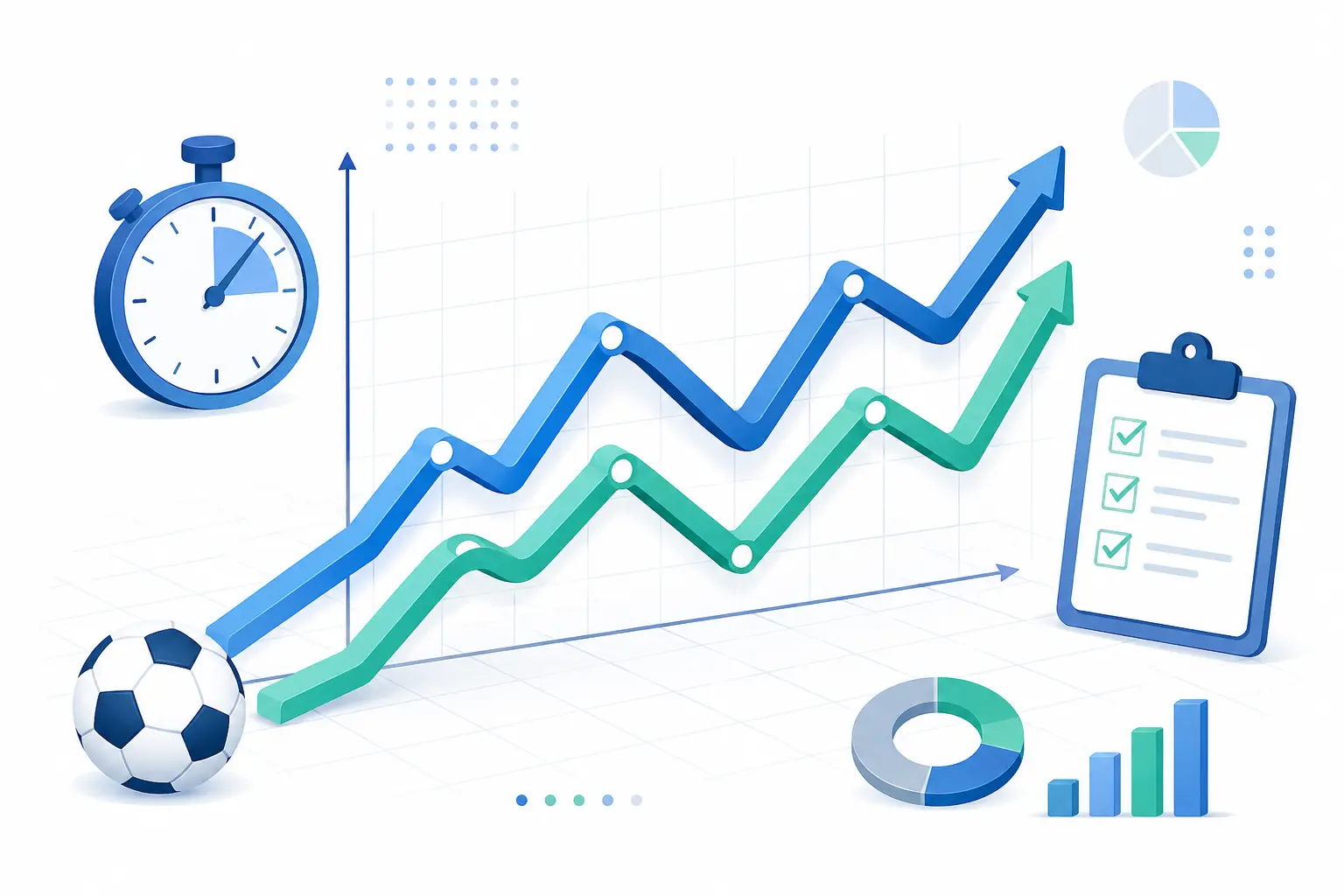 Educational vector illustration showing a stylized data analysis chart with fluctuating blue and green trend lines, a stopwatch, a soccer ball, and a checklist icon on a clean grid background.