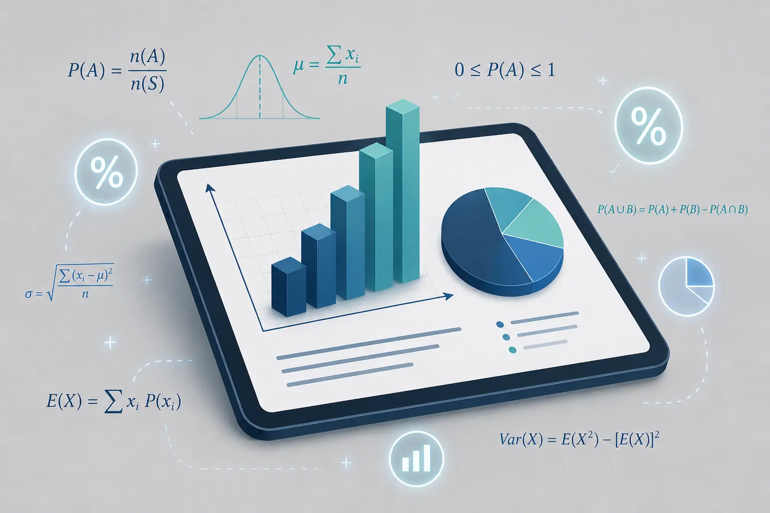 Modern vector illustration of a digital tablet displaying a rising 3D bar chart and pie chart, surrounded by mathematical symbols and percentage icons representing data analysis and probability.