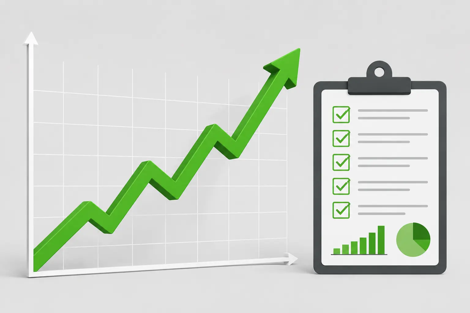 Minimalist vector illustration of data analysis and sports trends featuring a rising green 3D line graph on a white grid and a clipboard checklist with green checkmarks on a light gray background.