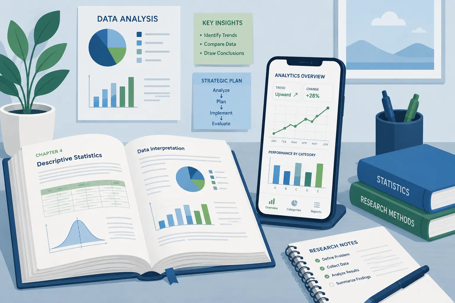 Flat-design vector illustration of an open textbook and a smartphone displaying rising line and bar charts on a minimalist desk, representing data analysis, statistical research, and strategic planning.