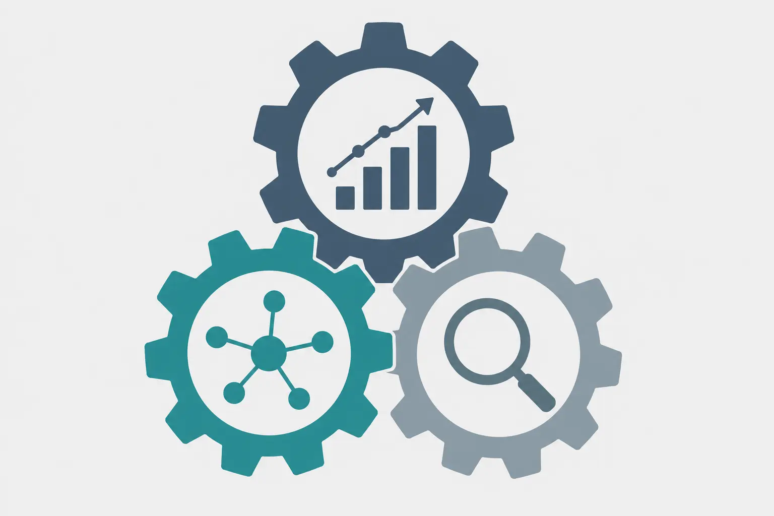 Minimalist vector illustration of three interlocking gears featuring a bar chart, network node, and magnifying glass icons, representing data analysis, research, and strategic planning.