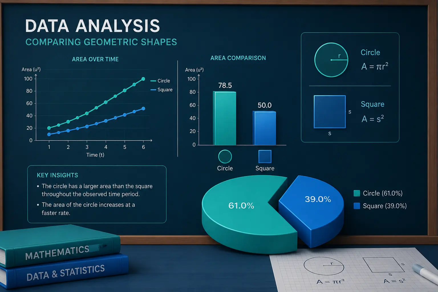 A modern 3D vector illustration of educational data analysis featuring a stylized chalkboard with glowing line graphs, a bar chart comparing geometric shapes, and a floating pie chart in deep blue, teal, and soft white tones.