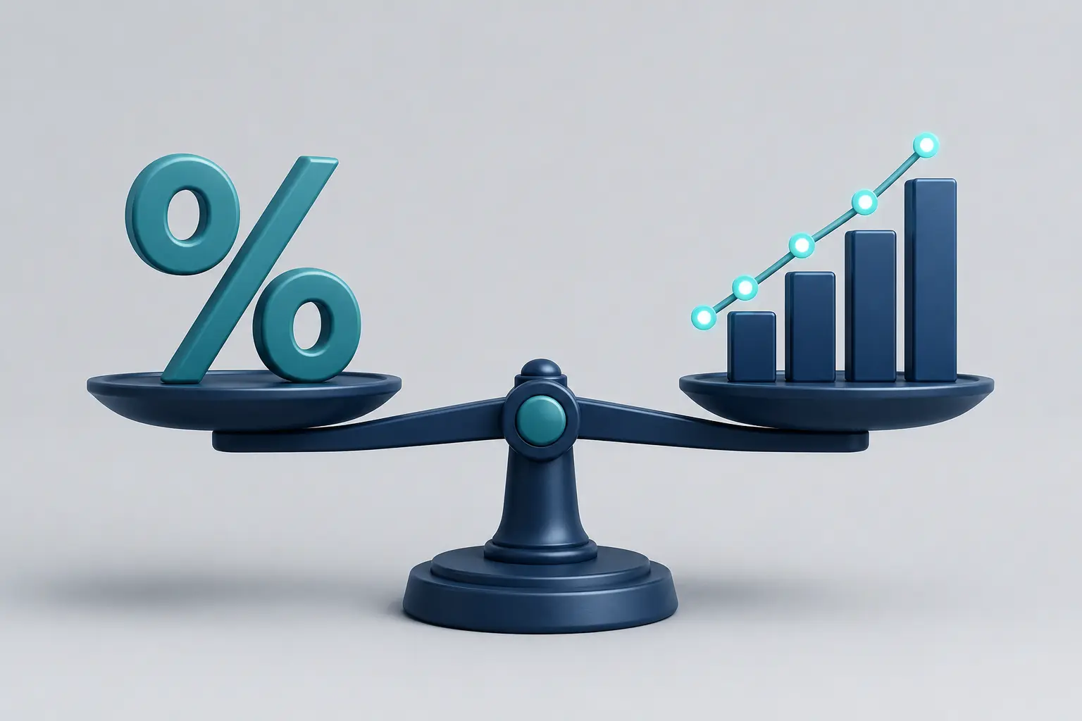 Minimalist 3D infographic showing a balanced scale with a percentage symbol on one side and a market data bar chart with glowing data points on the other, illustrating probability assessment and market equilibrium.