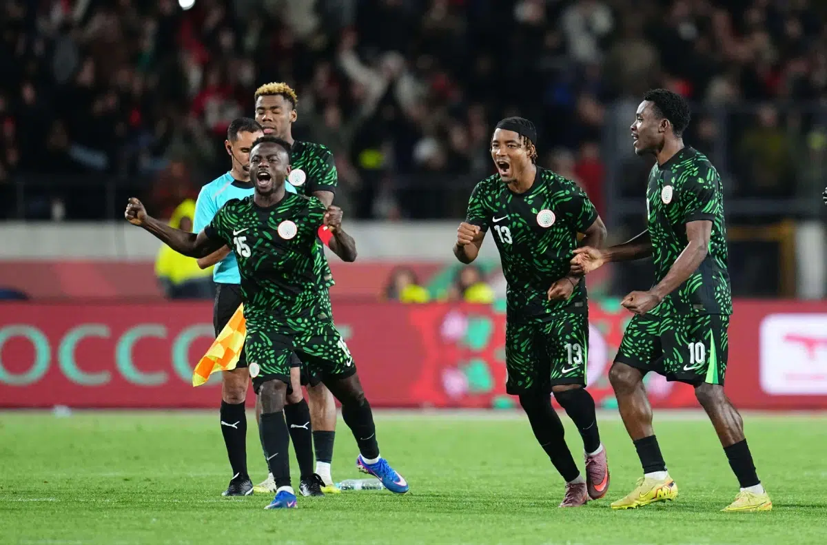 Oluwafisyo Faruq Dele-Bashiru and Sopuruchukwu Bruno Onyemaechi of Nigeria celebrate during a 2025 AFCON Africa Cup of Nations game, January 17 2026