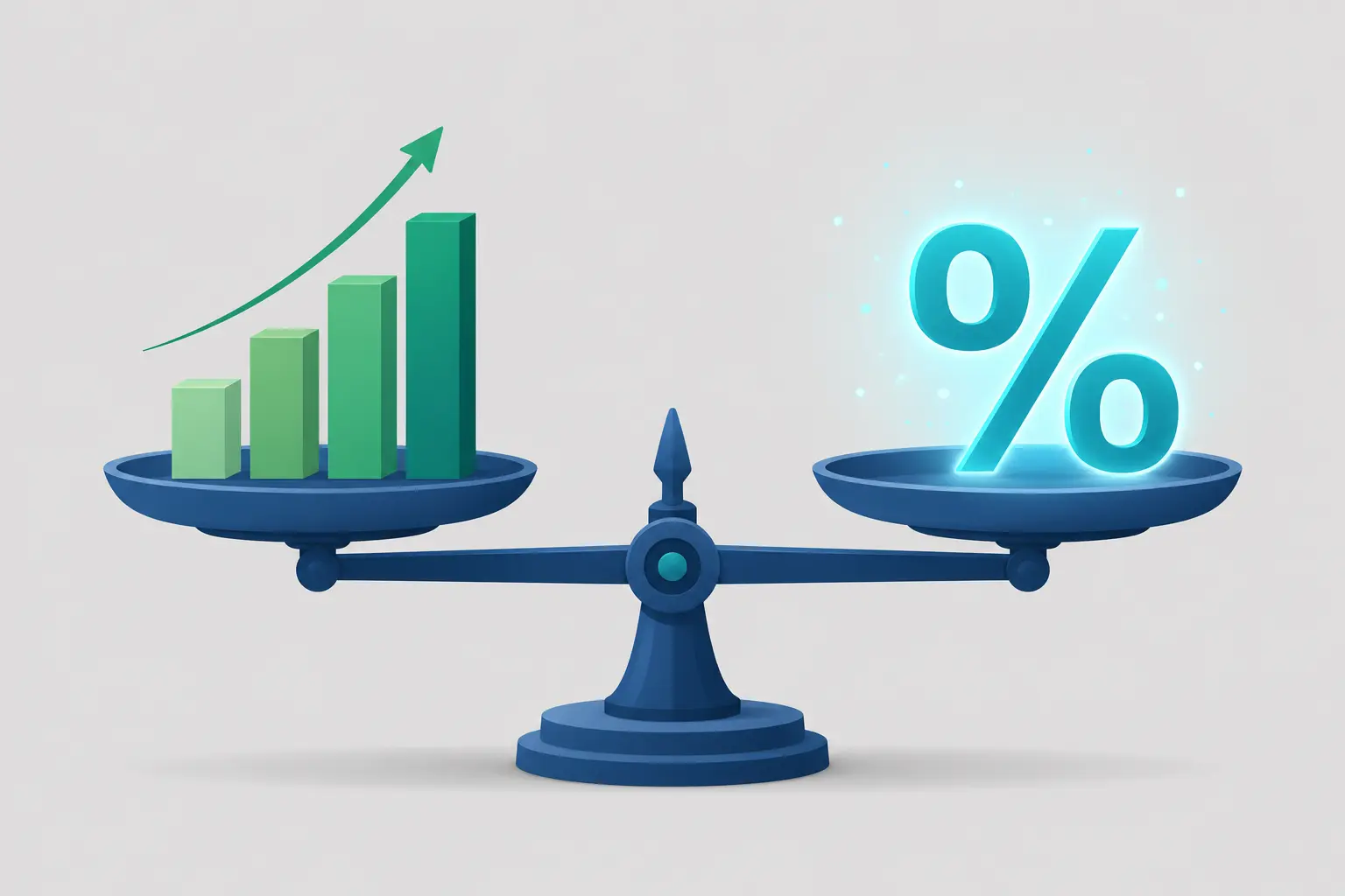 A modern flat-design illustration of a balance scale comparing an upward-trending 3D bar chart and a glowing percentage symbol, representing probability, statistical analysis, and data-driven decision-making.