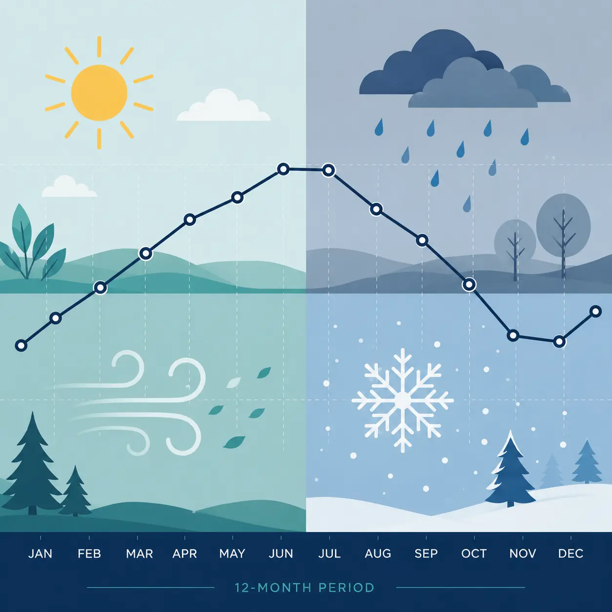 Flat-design educational infographic showing four seasonal weather icons—sun, rain cloud, wind, and snowflake—arranged in quadrants with an overlaid line graph tracking data across a 12-month period.