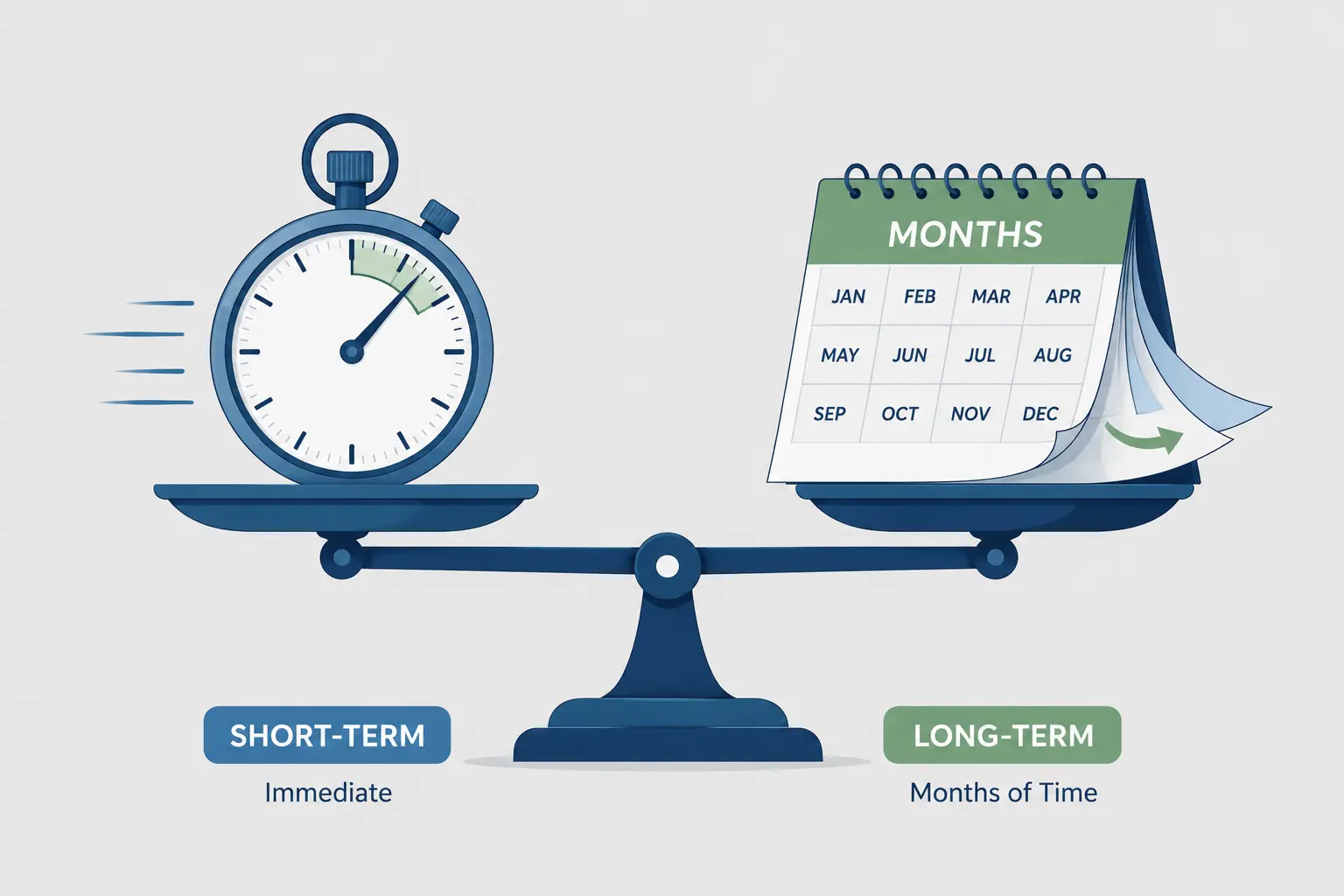 Minimalist vector illustration of a balanced scale holding a fast-ticking stopwatch and a flip calendar, symbolizing short-term and long-term time concepts.