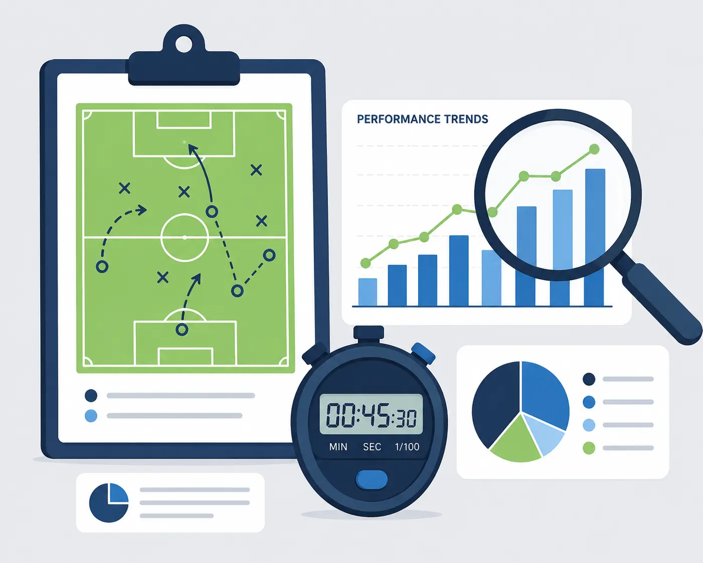 Modern flat vector illustration of sports data analysis featuring a clipboard with a football pitch strategy diagram, a magnifying glass highlighting performance trend charts, and a digital stopwatch on a light gray background.
