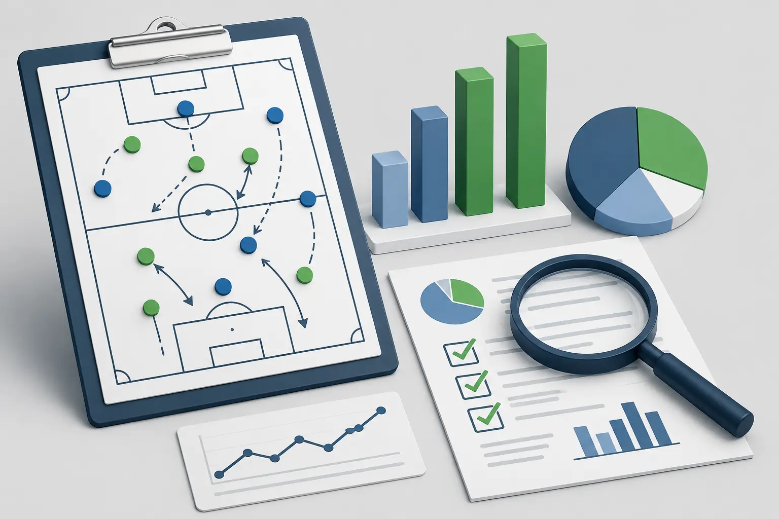 Illustration of sports data analysis featuring a tactical soccer strategy board, bar charts, performance reports, and a magnifying glass, representing analytics and data visualization.