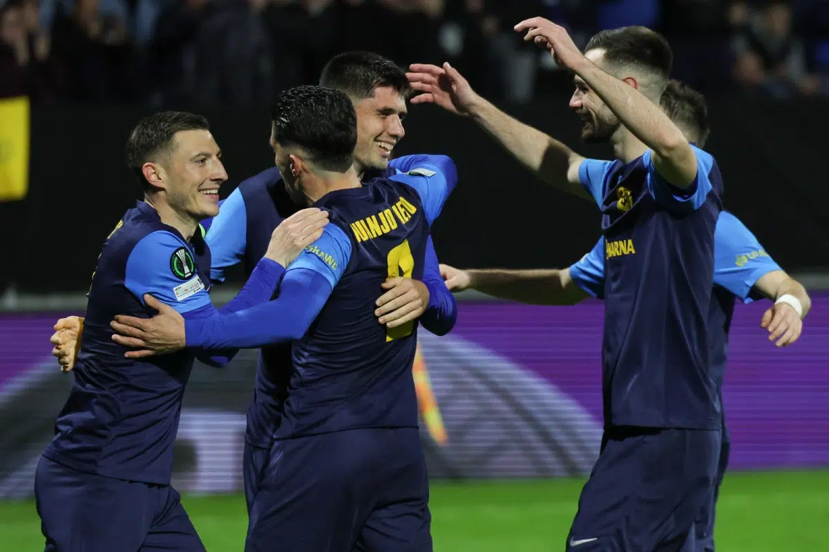 Players of NK Celje celebrate scoring during the Conference League match, 26 February 2026