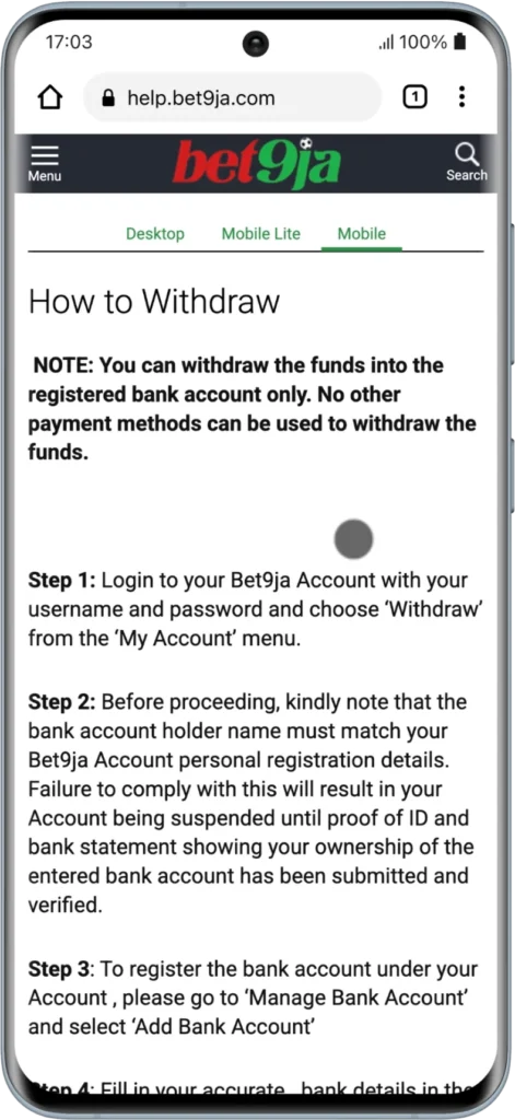 Bet9ja How to Withdraw