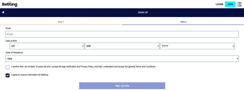 BetKing Old Mobile Registration Step 2